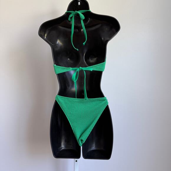Aerie sz L top M bottom Green Ribbed Drawstring Bikini Set Adjustable Tie Swim - Picture 7 of 9